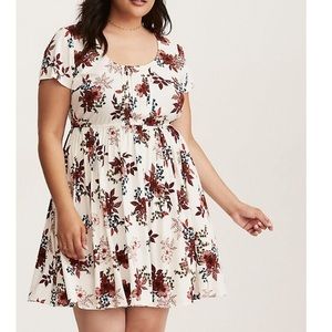 MULTI-COLOR FLORAL PRINT CHALLIS PINTUCK DRESS